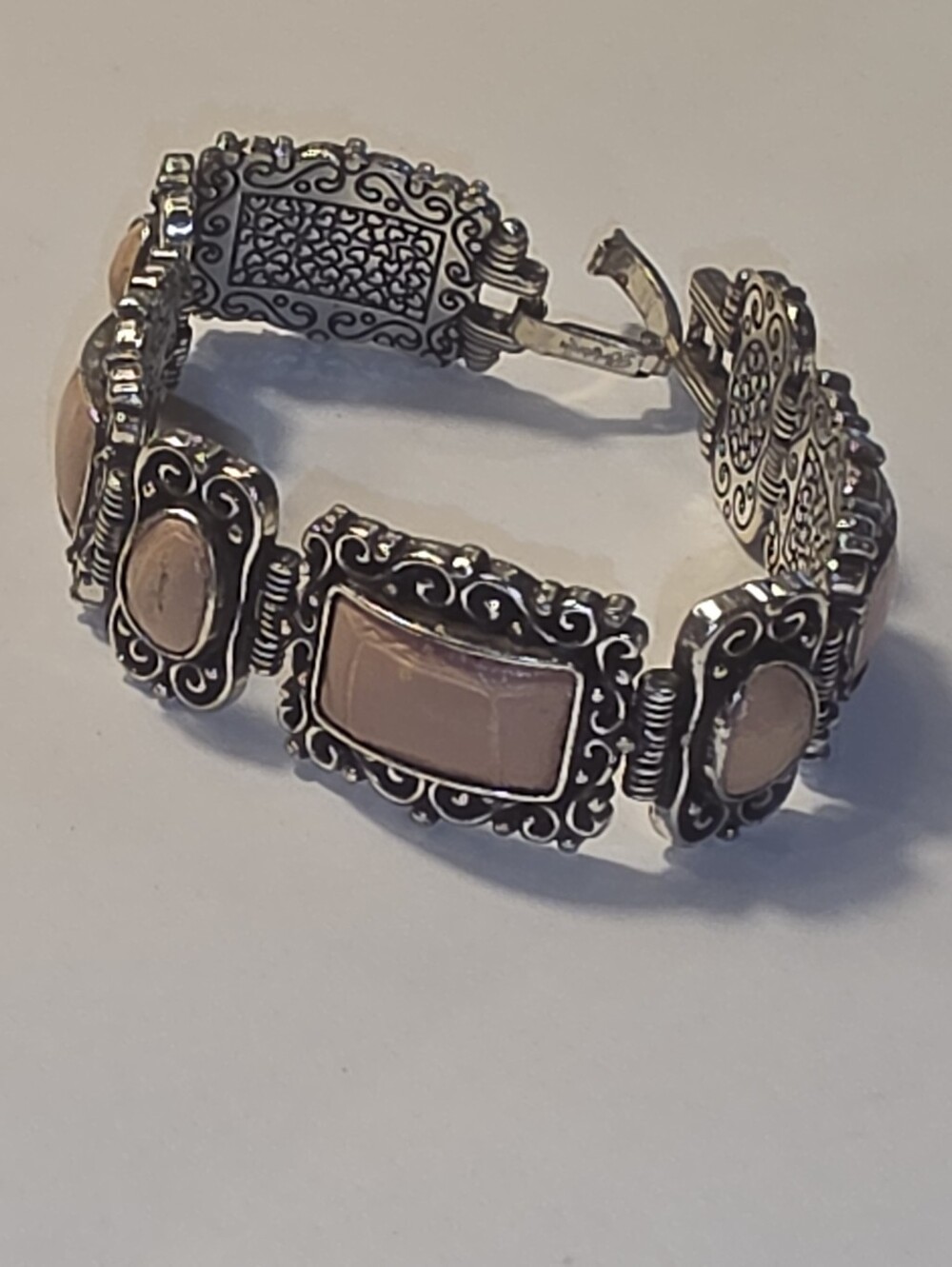 Brighton Silver Tone Pink Croco Embossed Leather Scroll Heart Link Bracelet